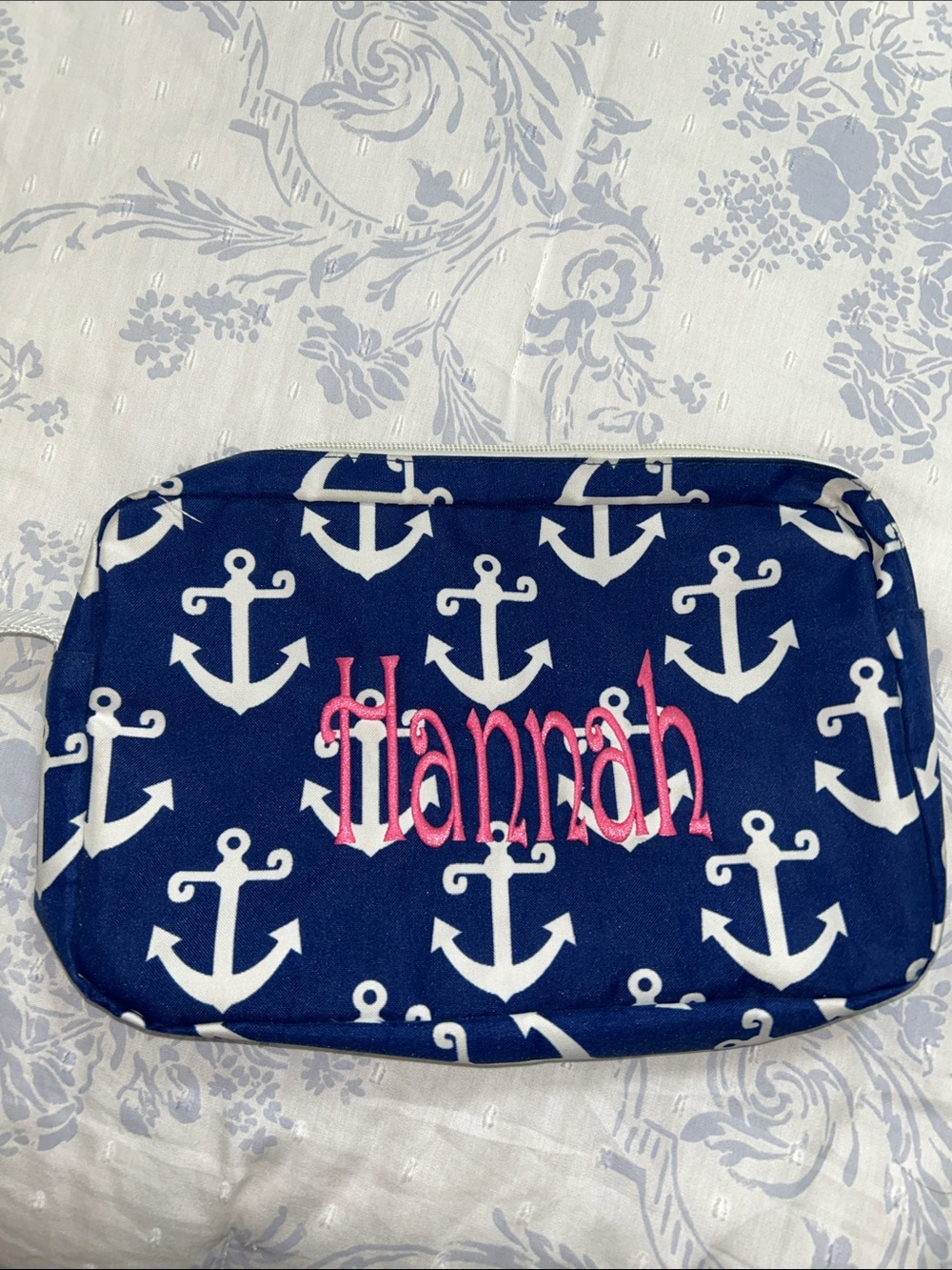 Personalized Navy Anchor Pouch with Pink Name - Picture 1 of 3